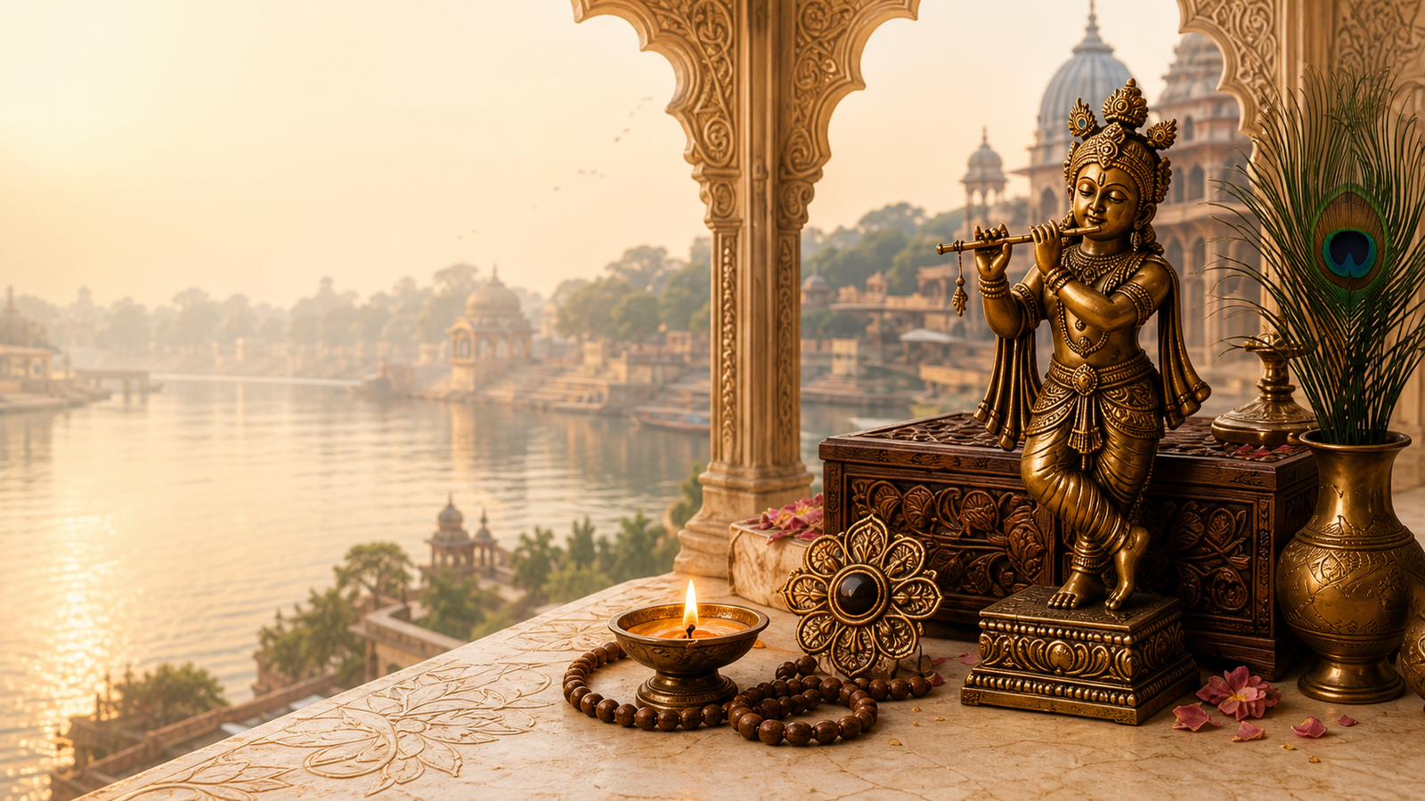 Brass Krishna statue and sacred decor beside a Vrindavan temple arch